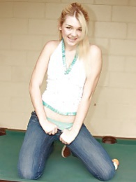 AdiPics presents: Sweet blonde babe spreads shaved pussy on pool table