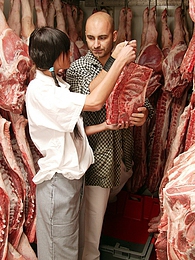 AdiPics presents: Teenage brunette gets dirty with the butcher his big meat