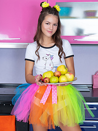 AdiPics presents: Mind blowing and breathtaking brunette beauty playing with fruits after she gets fully naked for the camera.