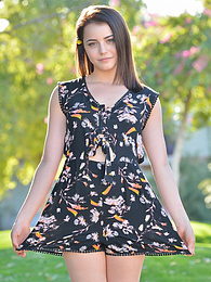 AdiPics presents: Svelte american dark-haired teen Kylie Quinn in shorts toys her twat outdoor