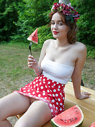AdiPics presents: Nice belarusian stunner Rokki removes all clothes on a blanket in a backyard